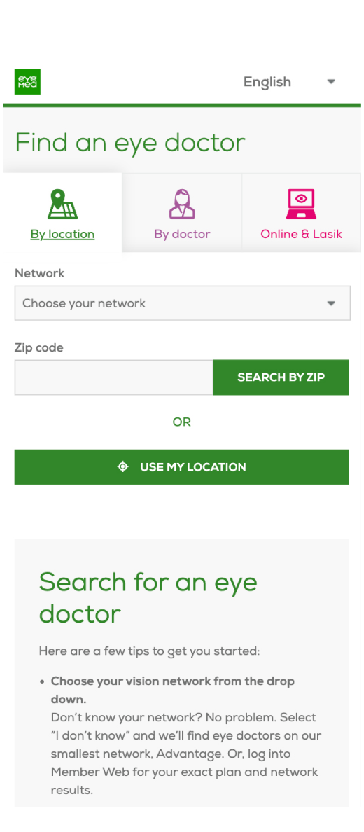 EyeMed find a doctor mobile interface