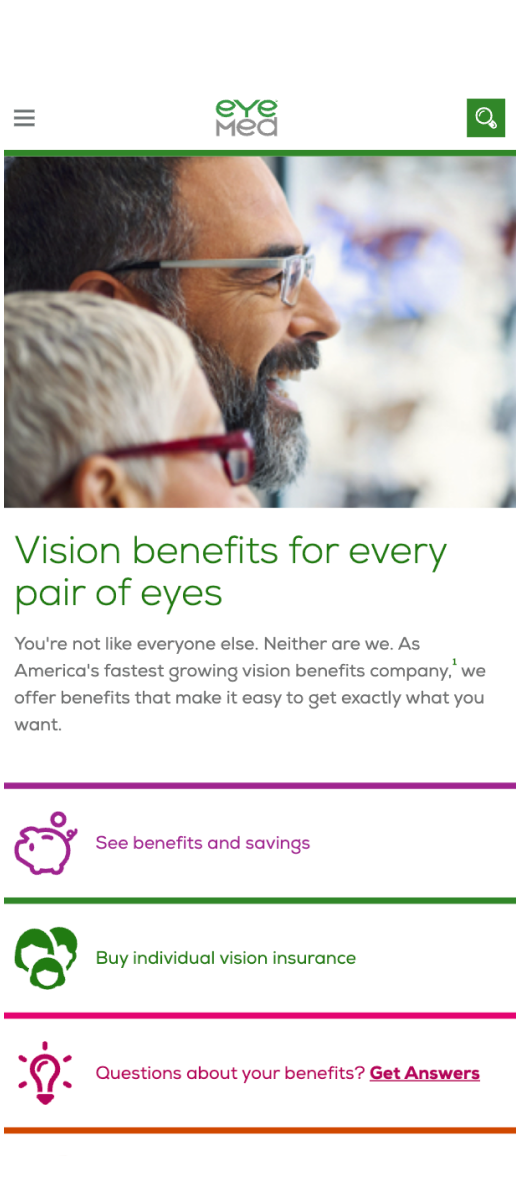 EyeMed mobile homepage showing unified brand design