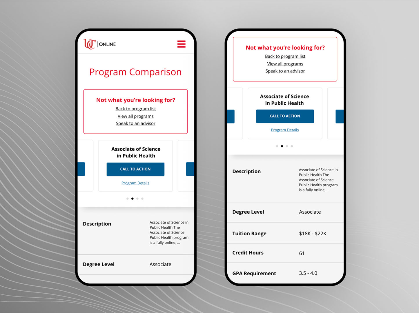 UC Online program comparison tool on mobile devices