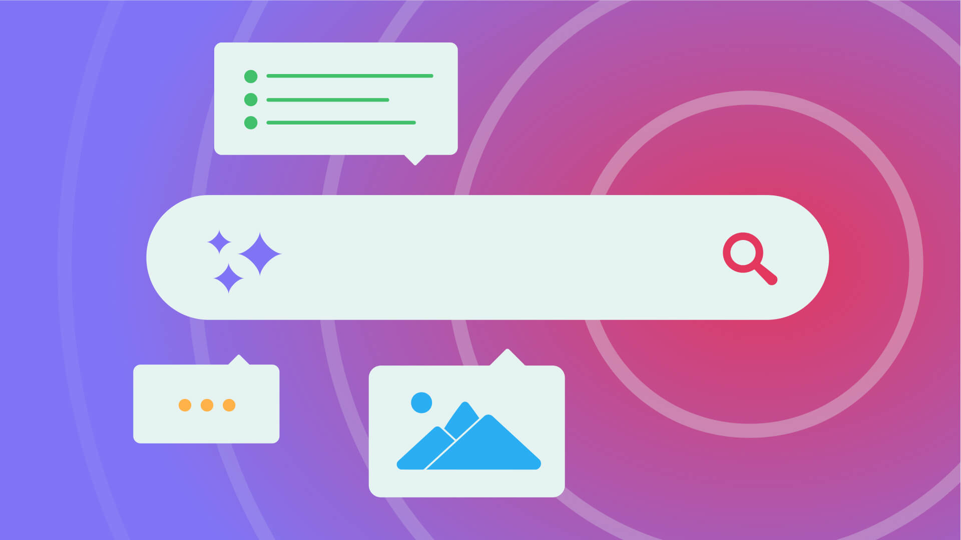 Illustration of a website search bar with word balloons containing icons